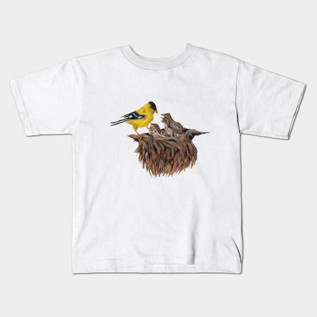 Goldfinch Taking Care of House Finch Babies Kids T-Shirt by Animal Surrealism